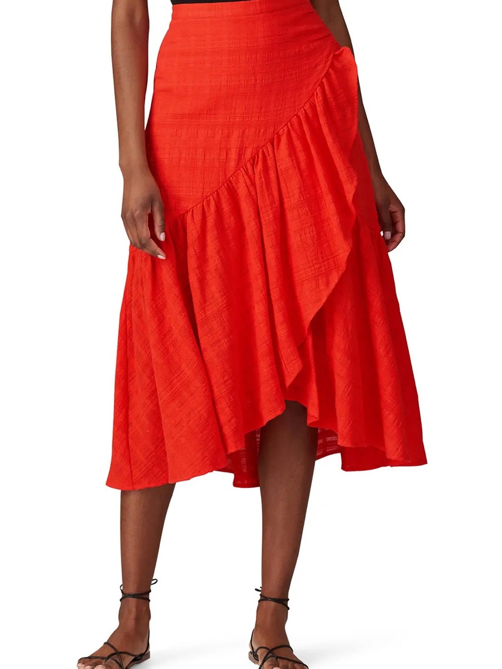 Ruffled Asymmetrical Red Midi Skirt